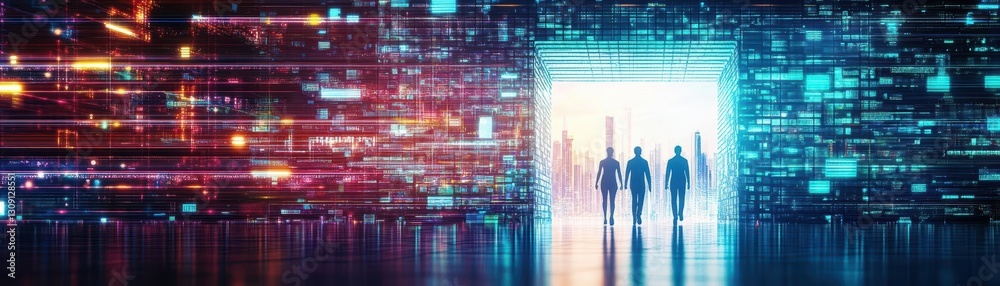 Fototapeta premium Exploring a Vibrant Futuristic Cityscape with Two Individuals Amidst Gleaming Skyscrapers and Neon Lights Creating a Dynamic Urban Atmosphere