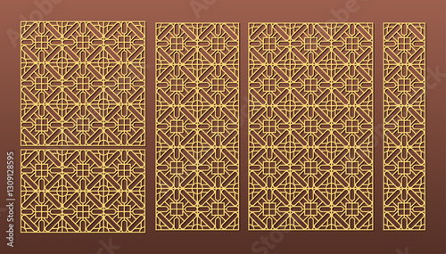 Laser cut pattern set. Vector design with elegant geometric ornament, abstract floral grid, mesh. Template for cnc cutting, decorative panels of wood, metal, paper, plastic.