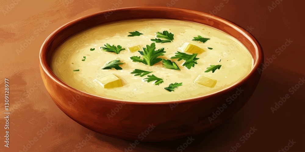 Floating bowl of creamy leek and potato soup with parsley on a rich terracotta background Floating bowl of creamy leek and potato soup with parsley on a rich terracotta background