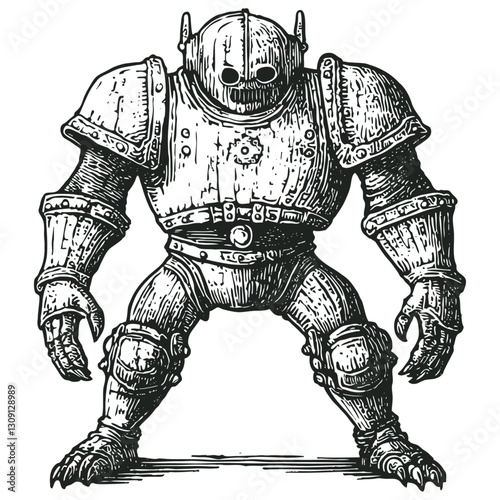 Vector illustration of a massive armored warrior or robot in detailed black and white engraving style. The hulking figure features heavy plated armor, horned helmet