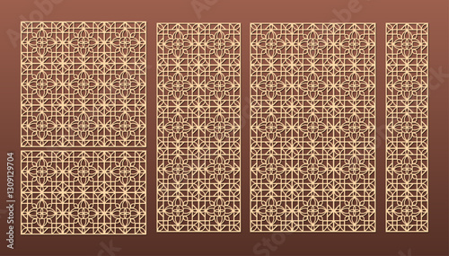 Set of laser cut templates with geometric pattern. For metal cutting, wood carving, panel decor, paper art, stencil or die for fretwork, card background design. Vctor illustration	