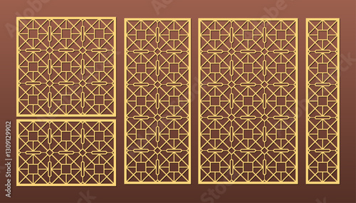 Laser cut pattern set. Vector design with elegant geometric ornament, abstract floral grid, mesh. Template for cnc cutting, decorative panels of wood, metal, paper, plastic.	