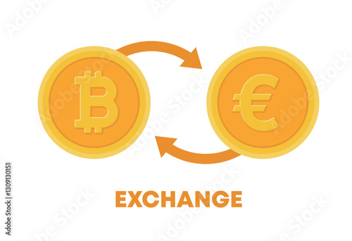 An illustration of exchanging 'Bitcoin', an online cryptocurrency based on blockchain technology, and 'Euro', the European currency.
