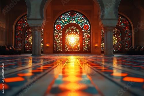 Sunlight Through Stained Glass Illuminating a Tiled Floor