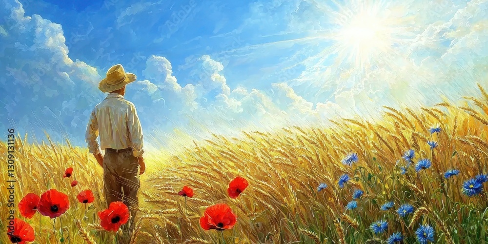Fototapeta premium A sun-drenched wheat field with poppies and cornflowers, a bright blue sky stretching above