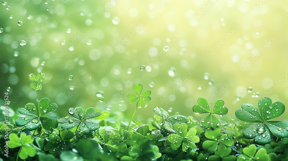 A vibrant soft background with water droplets on the edges, adorned with green shamrocks for a St. Patrick's Day celebration. A vibrant soft background with water droplets on the edges, adorned with green shamrocks for a St. Patrick's Day celebration.
