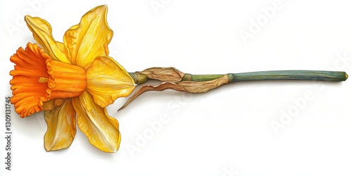 A vibrant daffodil with bright yellow petals and a trumpet-shaped corona, isolated on white background