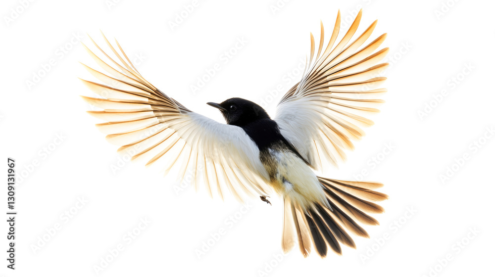 Obraz premium Majestic magpie soaring with spread wings against white background