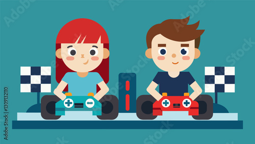 Two siblings sitting side by side deep in concentration as they work together to create a customized racing game complete with obstacles and powerups.. Vector illustration