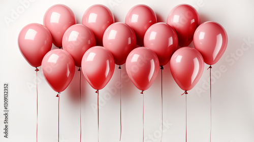a group of pink glossy balloons with long strings on a light background near the wall are suspended in even rows