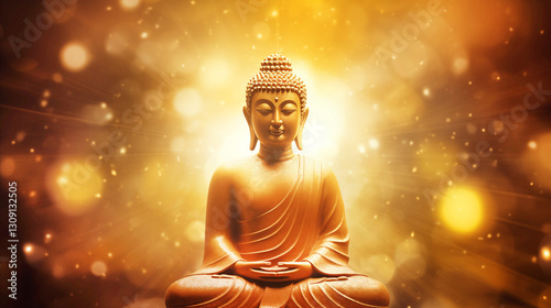 close up of buddha sculpture in center of frame in golden glow with copy space