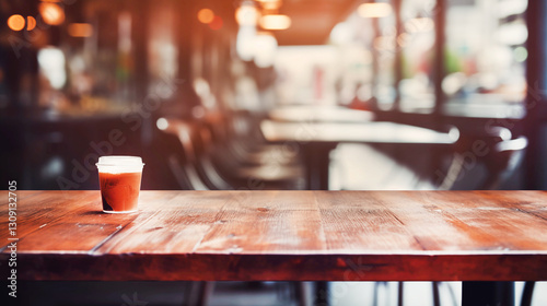 close up of wooden table top with lonely plastic cup of takeaway coffee against empty morning cafe with copyspace