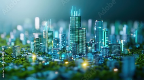 Vibrant Urban Landscape Featuring Skyscrapers Surrounded by Lush Green Trees Under a Clear Blue Sky Creating a Dynamic City Atmosphere and Serenity