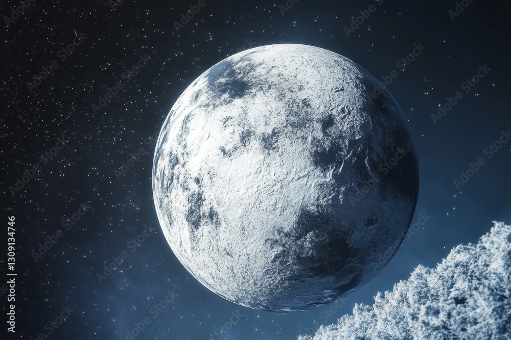 Naklejka premium Bright celestial body shines above a starry night sky over a tranquil landscape