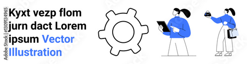 Gear illustration between two individuals engaging in teamwork, one with a tablet and the other examining an object. Ideal for workflow, task management, teamwork, innovation, operations