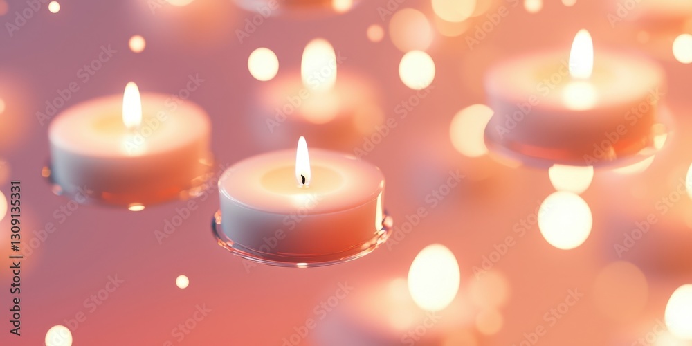 Floating candles with soft flickering light on a soft pink background