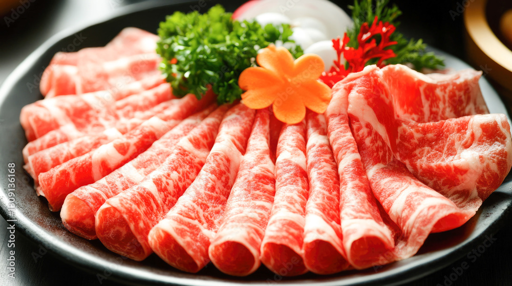 Thinly sliced marbled beef with garnish on black plate Thinly sliced marbled beef with garnish on black plate
