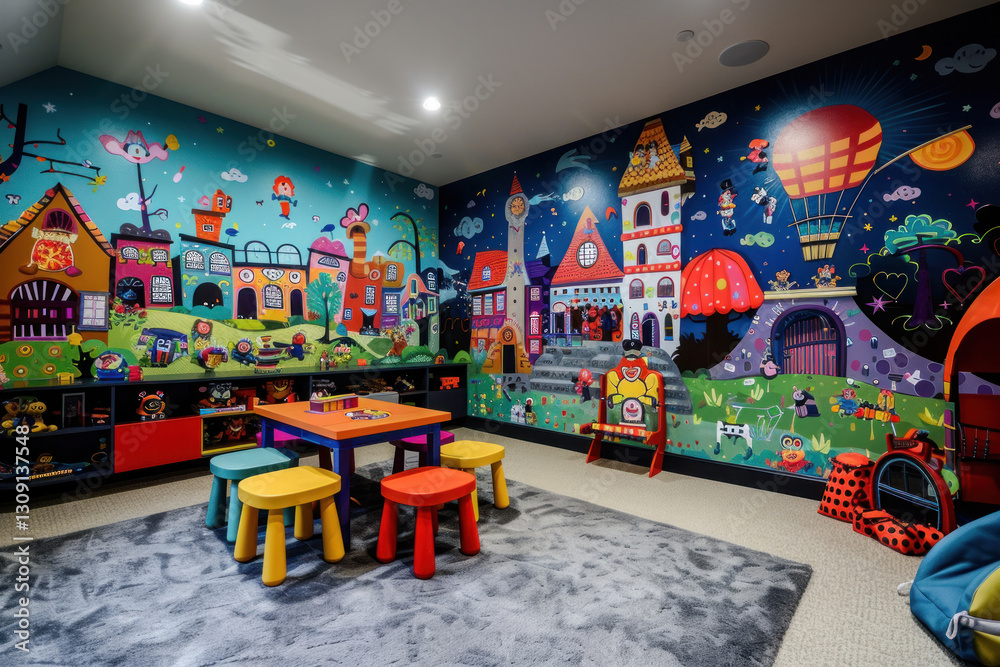 Obraz premium Vibrant wall mural in a kid's playroom, featuring whimsical characters and colorful themes