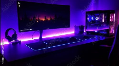 Gaming setup, vibrant purple lights, modern desk.  Possible use Stock photo for e-sports, gaming, technology, modern design photo