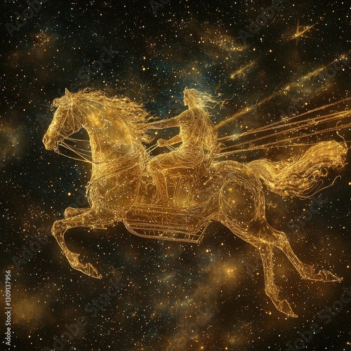 Celestial charioteer riding a golden chariot across the night sky, trailing cosmic light photo