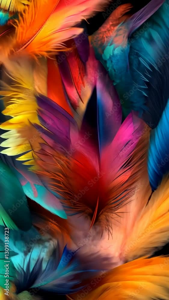 Colorful feathers arranged artistically showcase vibrant textures and hues in a modern composition Colorful feathers arranged artistically showcase vibrant textures and hues in a modern composition