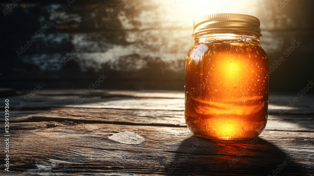 Golden honey jar glowing in sunlight on rustic wooden table Golden honey jar glowing in sunlight on rustic wooden table