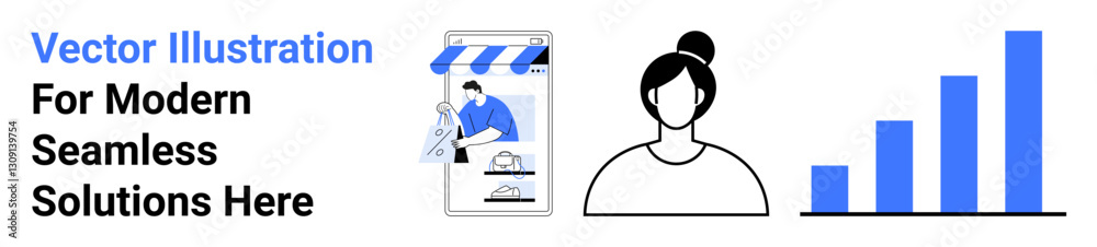 Fototapeta premium Shopfront on mobile screen, woman avatar, bar chart rising. Ideal for e-commerce, digital marketing, branding, customer support, analytics, retail business flat landing page banner