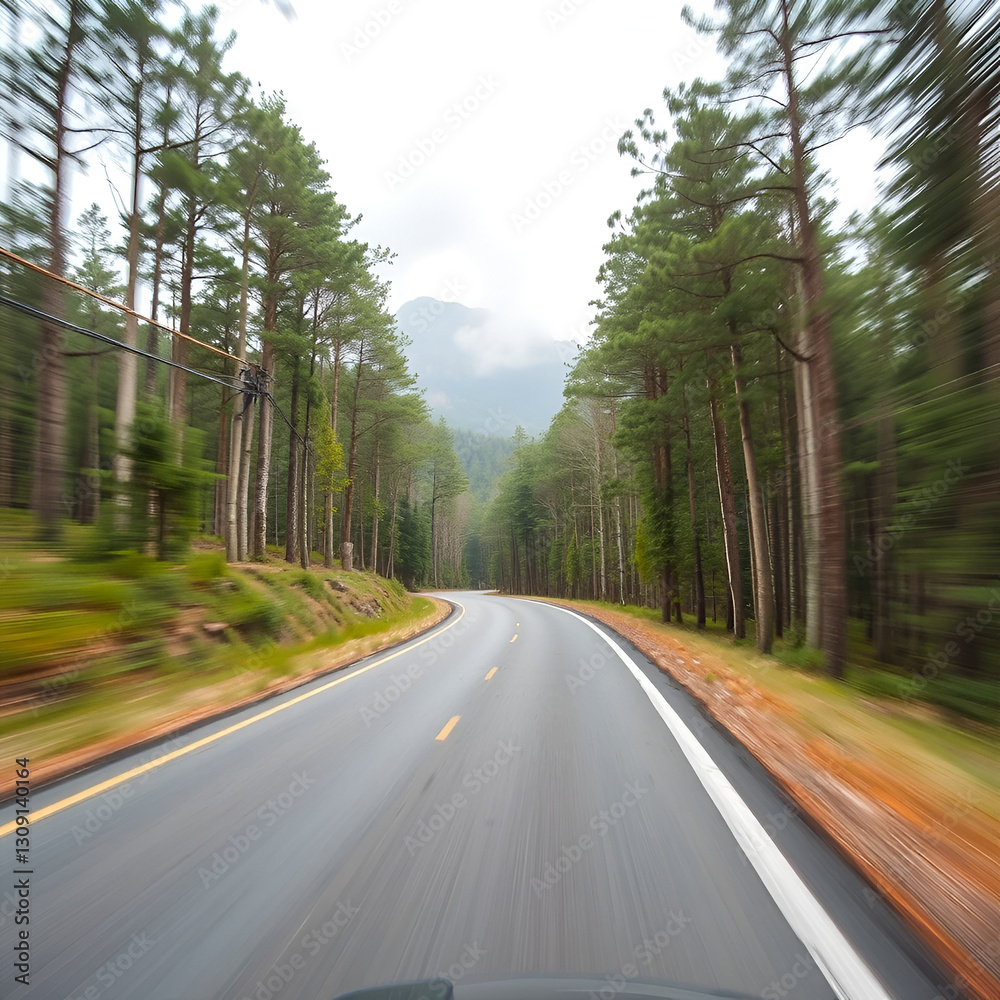 Obraz premium Country road between district to the city with motion blur, Journey way of traveler to the nature, Road in the mountain and the forest for travel to someplace, Asphalt road in the forest and no car.