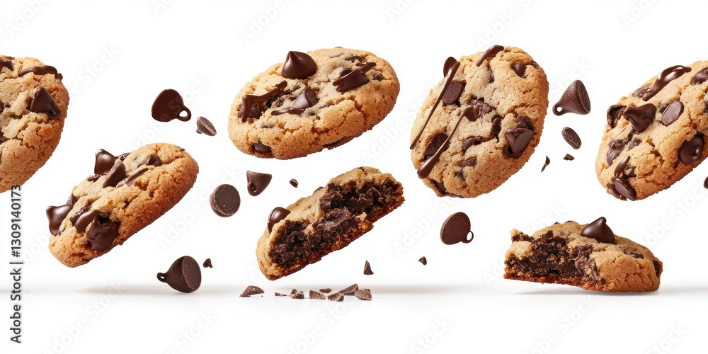 Chocolate chip cookies tumbling mid-air with chocolate drizzle isolated on white background Chocolate chip cookies tumbling mid-air with chocolate drizzle isolated on white background