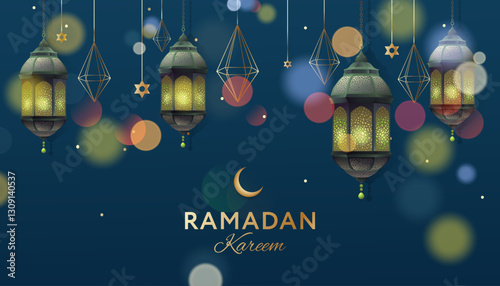 Muslim feast of the holy month of Ramadan Kareem. Banner with lanterns on night sky and bokeh background