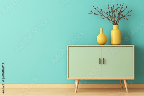 3D rendering of a sideboard against an empty wall background Minimalist interior design concept, mockup for product presentation, with copy space Turquoise and beige colors