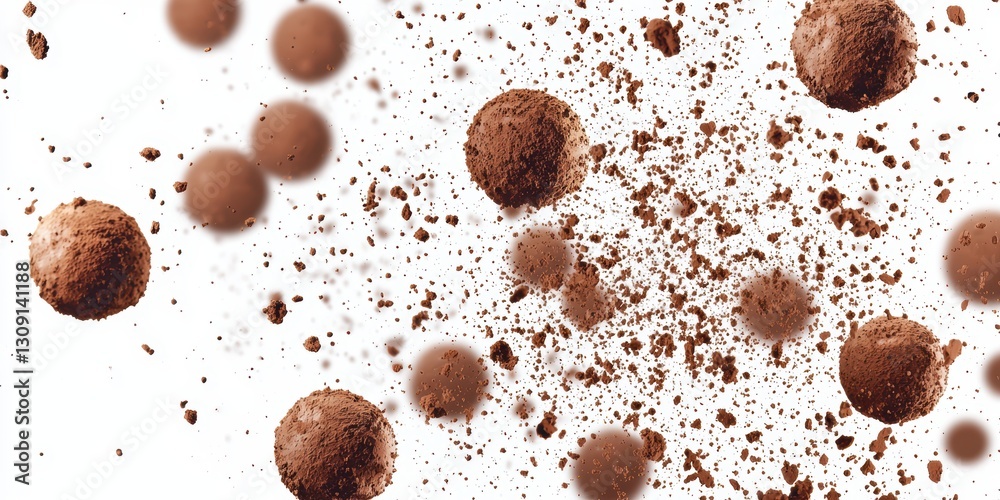 Fototapeta premium Chocolate truffles dusted with cocoa powder floating on a white background