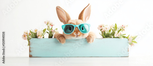 Fluffy Easter bunny wearing sunglasses, surrounded by flowers in blue planter. This adorable scene captures playful and cheerful vibe perfect for springtime
