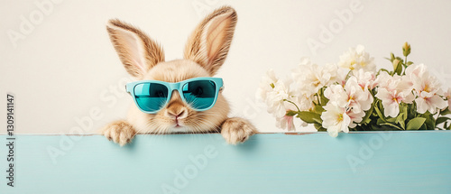 Fluffy Easter bunny wearing sunglasses, peeking over blue surface with flowers. This adorable scene captures playful and cheerful vibe perfect for springtime