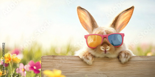 fluffy bunny wearing colorful sunglasses, surrounded by vibrant flowers in sunny field, exudes playful and cheerful vibe