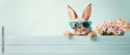 fluffy bunny wearing sunglasses peeks over pastel blue surface, surrounded by colorful flowers. This playful scene captures cheerful and whimsical vibe