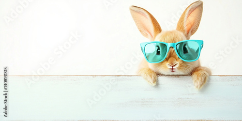 small brown bunny wearing stylish blue sunglasses leans over light wooden surface, exuding playful and trendy vibe