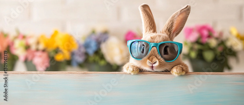 small brown bunny wearing blue sunglasses sits on table, surrounded by colorful flowers in background, exuding playful and cheerful vibe