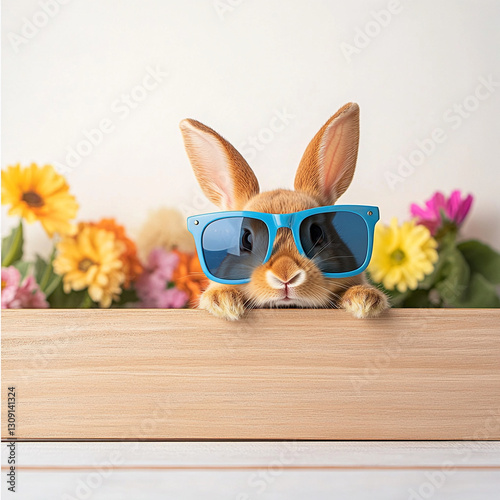 small brown bunny wearing blue sunglasses poses playfully in front of colorful flowers, creating cheerful and vibrant atmosphere