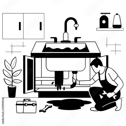 Replacing Leaky Vanity counter vector design, plumbing worker sketch, Handyman Services drawing, HVAC technician story illustration, Plumber working under overflowing Kitchen sink Cabinet concept