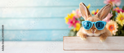 small brown bunny wearing blue sunglasses poses playfully against colorful floral background, exuding cheerful and fun vibe