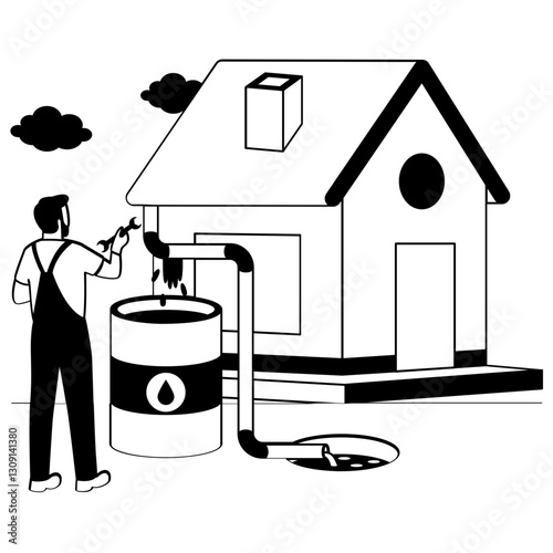 Rooftop Rainwater storage vector design, plumbing worker sketch, Handyman Services drawing, HVAC technician illustration Plumber tightening or loosening connection pipe of Storage Tank on Roof concept
