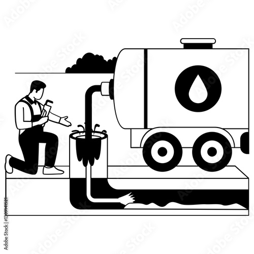 Water supply Tanker filling cistern vector design, plumbing worker banner Handyman Service scene HVAC technician illustration Engineer pointing to Underground pipes damage with visible leakage concept