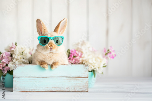 fluffy bunny wearing stylish sunglasses sits on wooden box surrounded by colorful flowers, creating cheerful and playful atmosphere