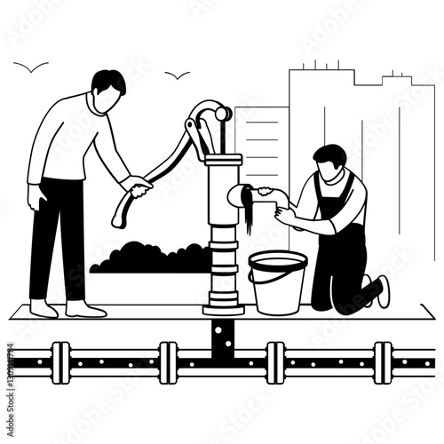 Fixing Leaking Community Water source vector design, plumbing sketch, Handyman Services drawing HVAC technician illustration, manual water pump system being operated and repaired by two worker concept