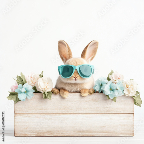 cute fluffy bunny wearing sunglasses surrounded by pastel flowers in wooden box creates cheerful and playful atmosphere