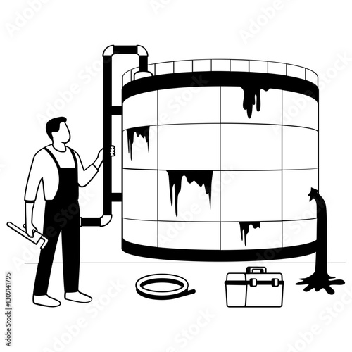 Engineer looking Multiple leaks vector design plumbing worker banner Handyman Service drawing, HVAC technician illustration, Hazardous Situation  Oil Refinery Storage Tank Needed Urgent Repair Concept
