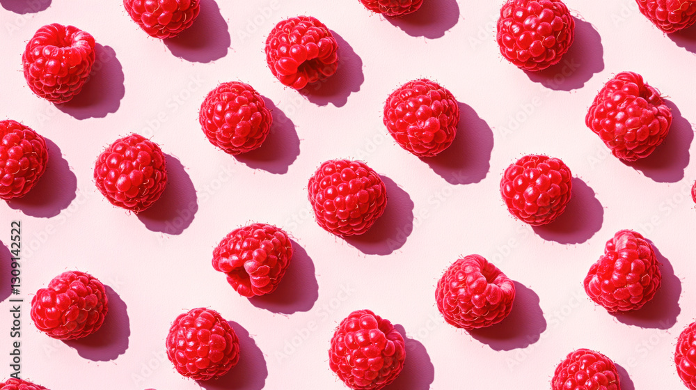 Fresh red raspberries pattern on light pink background Fresh red raspberries pattern on light pink background