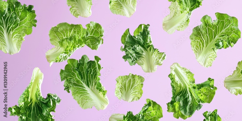 Floating curly lettuce leaves on a soft lavender background Floating curly lettuce leaves on a soft lavender background
