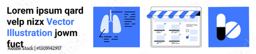 Lungs diagram with annotations, storefront calendar, and two-tone pills on blue squares. Ideal for healthcare, pharmacy, medical education, online shops, e-commerce, drug stores and marketing